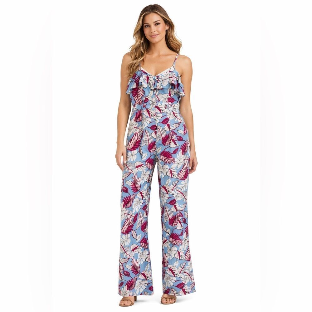 Nwt Latiste Women's Ruffle Blue Multicolor Tropical Floral Jumpsuit Size Large